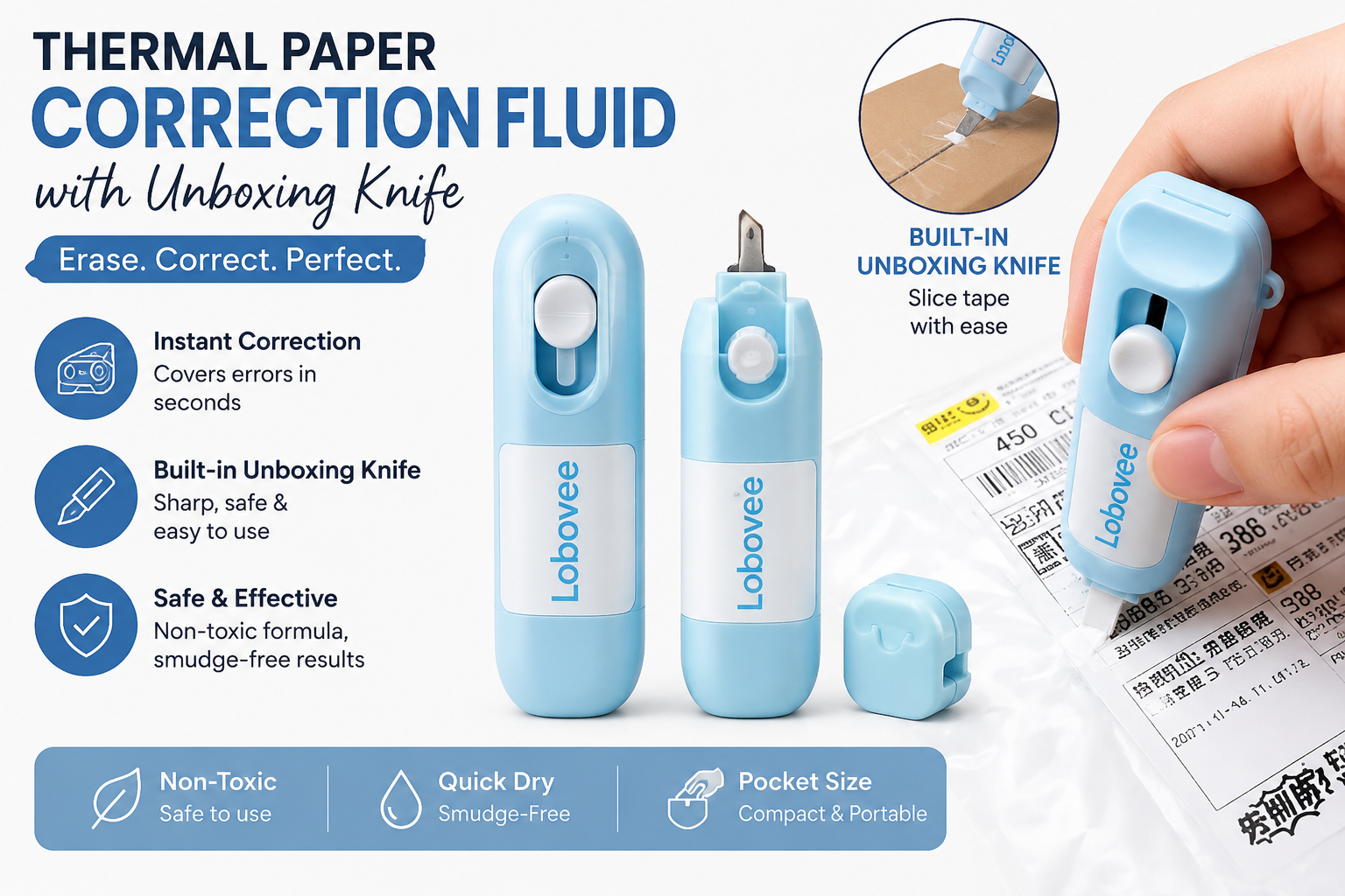 Thermal Paper Correction Fluid with Unboxing Knife