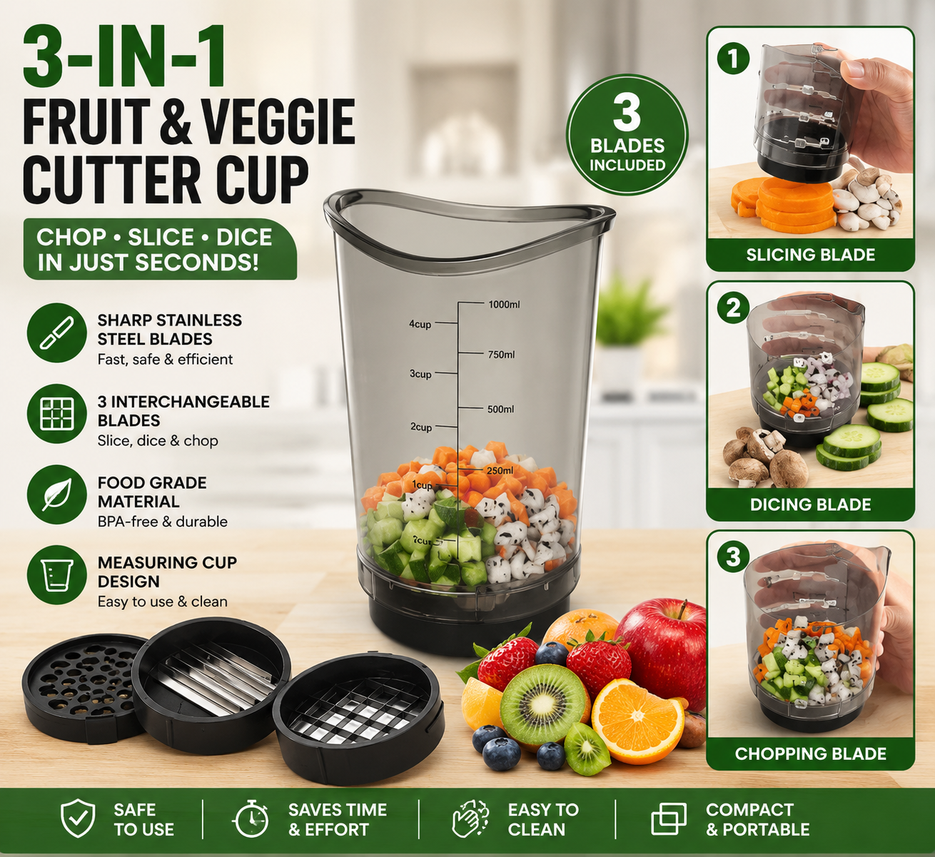 3-in-1 Multi Blade Fruit & Vegetable Cutter Cup